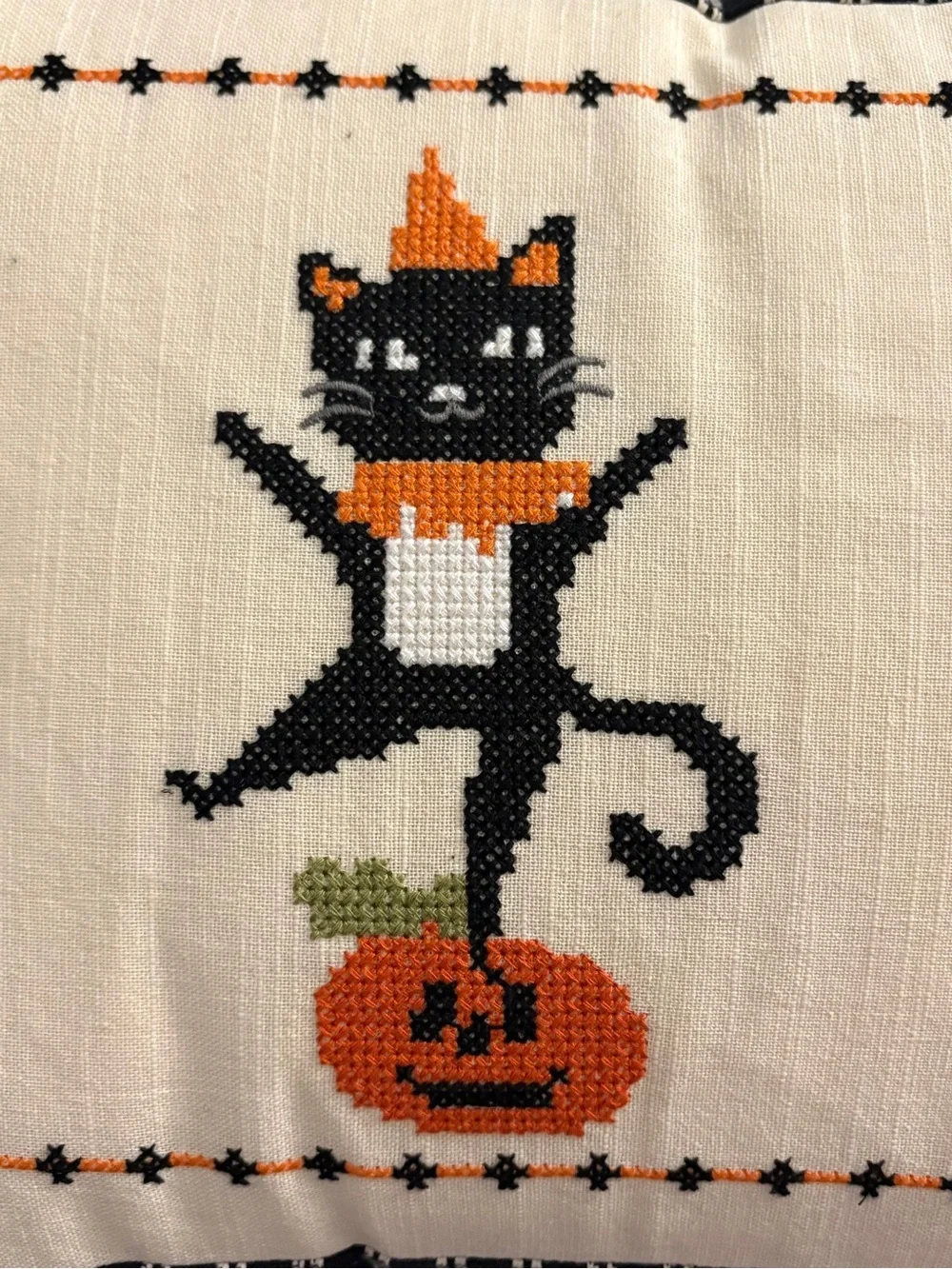 Isaac Mizrahi Needlepoint Vintage Style Halloween Pillow Black Cat, Skeleton